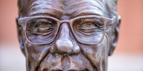An up close photo of the Boswell statue on campus. 