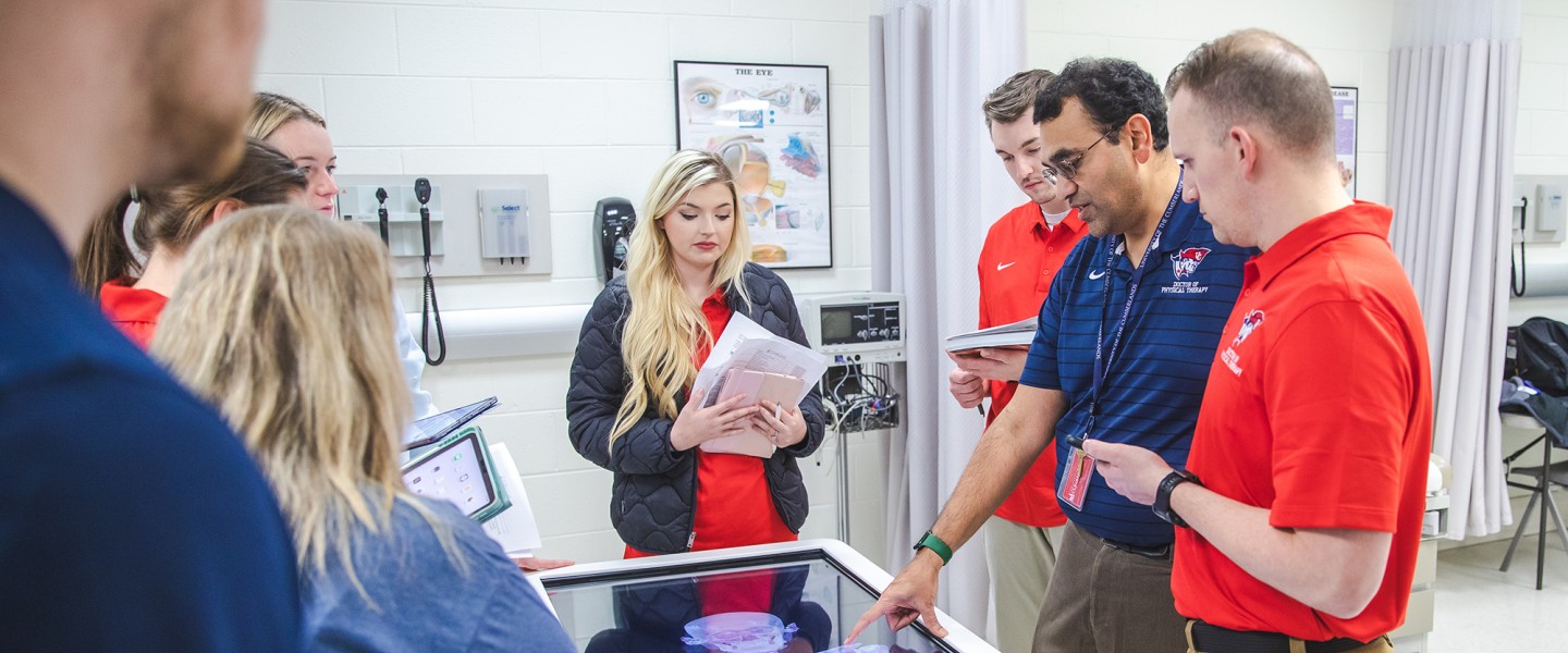 Physical therapy students participate in an anatomy exercise with their professor. 